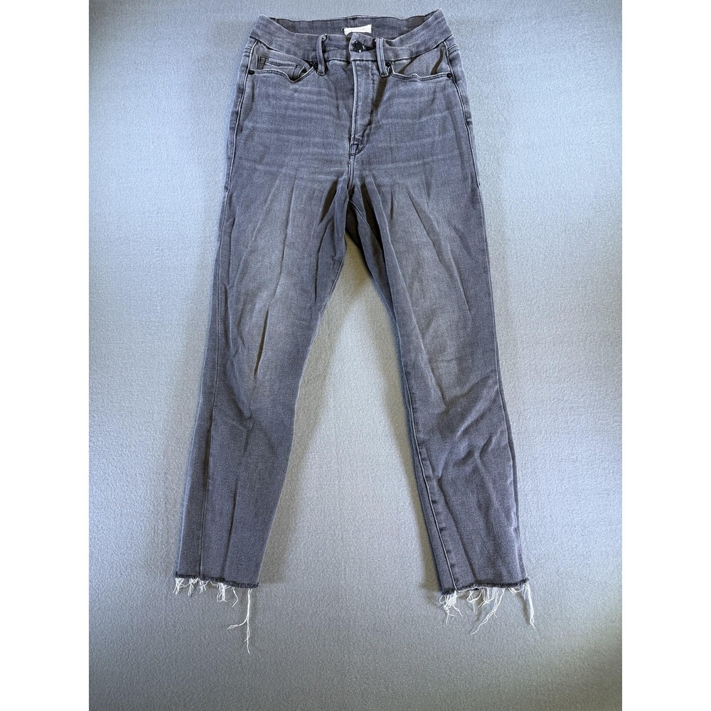 Good American Jeans Womens 6/28 Charcoal Wash Gray Skinny Crop Fringe Denim